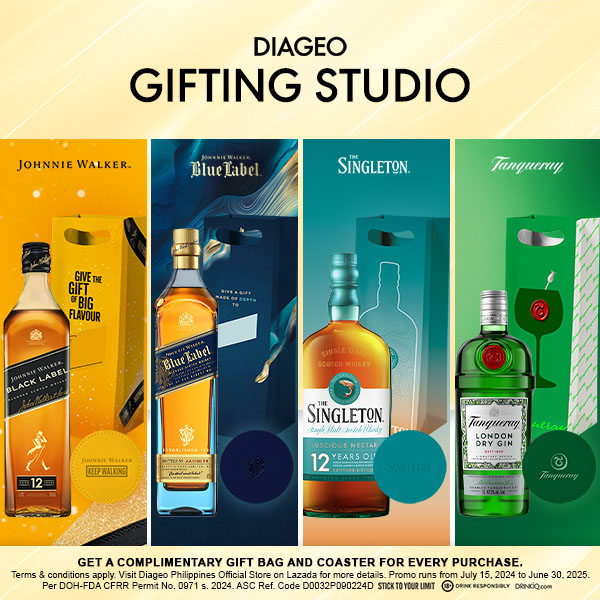 Promotional image for Diageo Gifting Studio featuring Johnnie Walker Black Label, Johnnie Walker Blue Label, The Singleton, and Tanqueray bottles. Includes gift bags, a coaster, and text about a complimentary gift offer available until 2025.